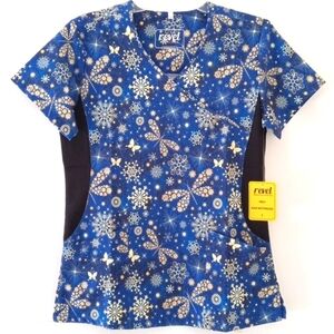 REVEL PREMIUM STRETCH SHORT SLEEVE V-NECK 2 POCKET MEDICAL SCRUB SIZE SMALL NWT